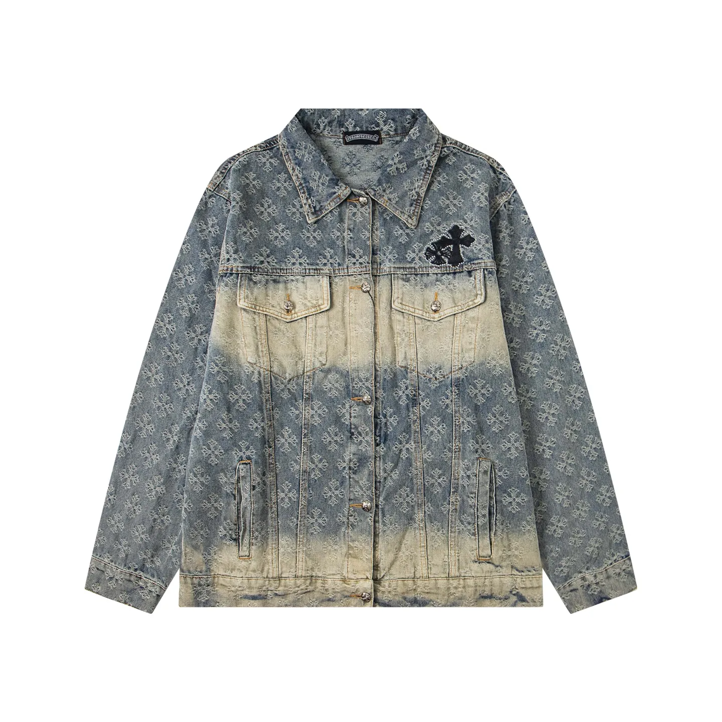 P340 Style No.: Y194 ChromeHearts heavy-duty steel-printed classic Sanskrit all-over jacquard hot-drilled denim jacket for men and women. New ChromeHearts Sanskrit printed custom fabric jacket. Gradient color wash, hot-drilled cross denim jacket on the back. A very heavy-duty one. The top is made of heavy weight. Presbyopia is suitable for early autumn outings. The denim fabric can be directly machine washed without deformation. Washing and distressing also give a sense of high-end. Power style wear, follow the photo and mirror. The gradient color is super high-end 💕 Each diamond shines with a unique light, as if telling a fashion story ✨ The steel-printed jacquard adds a three-dimensional and artistic sense, making this jacket instantly unique. Size:s m l xl